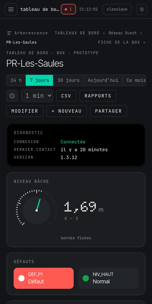 Portail myHexa sur téléphone : liste des box et leur état