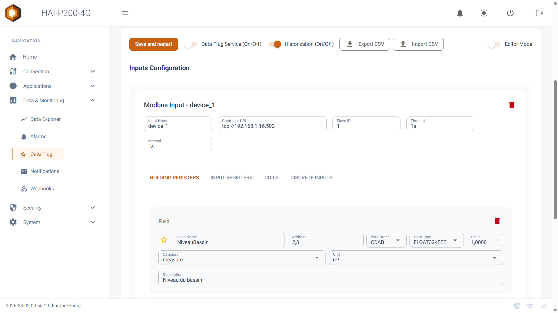 Interface Data-Plug : configuration d'une entrée Modbus